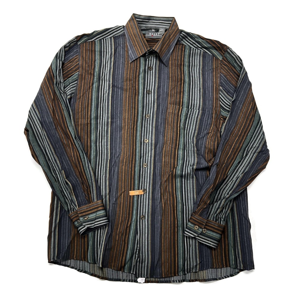 HAUPT Button Up Shirt Mens 16.5 Large Striped Long Sleeve Cotton Blue Brown